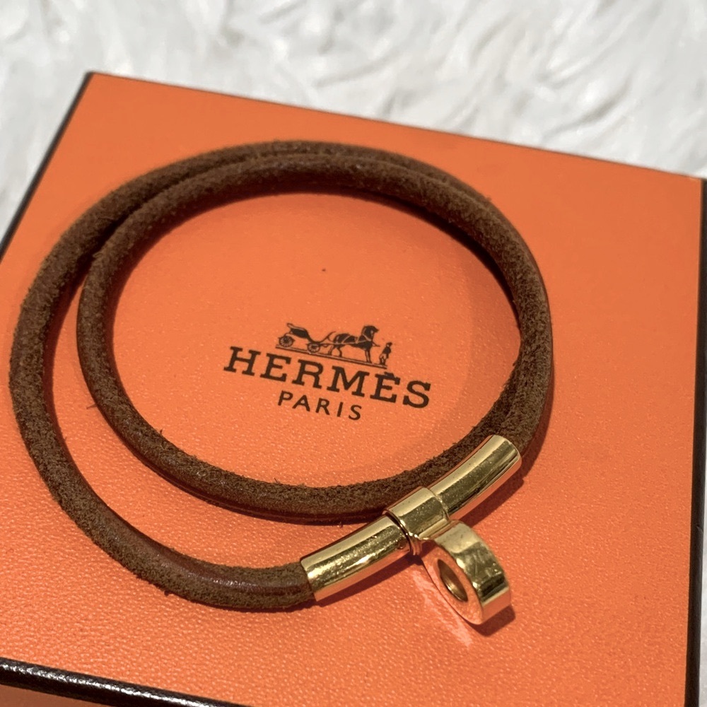 Hermès Double Tour bracelet leather cord & goldtone turnlock closure with box